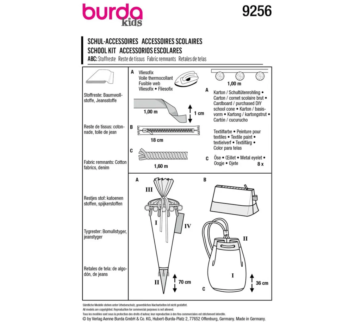 burda style Burda Kids Schnittmuster Schultüte, Mäppchen und Turnbeutel Nr. 9256