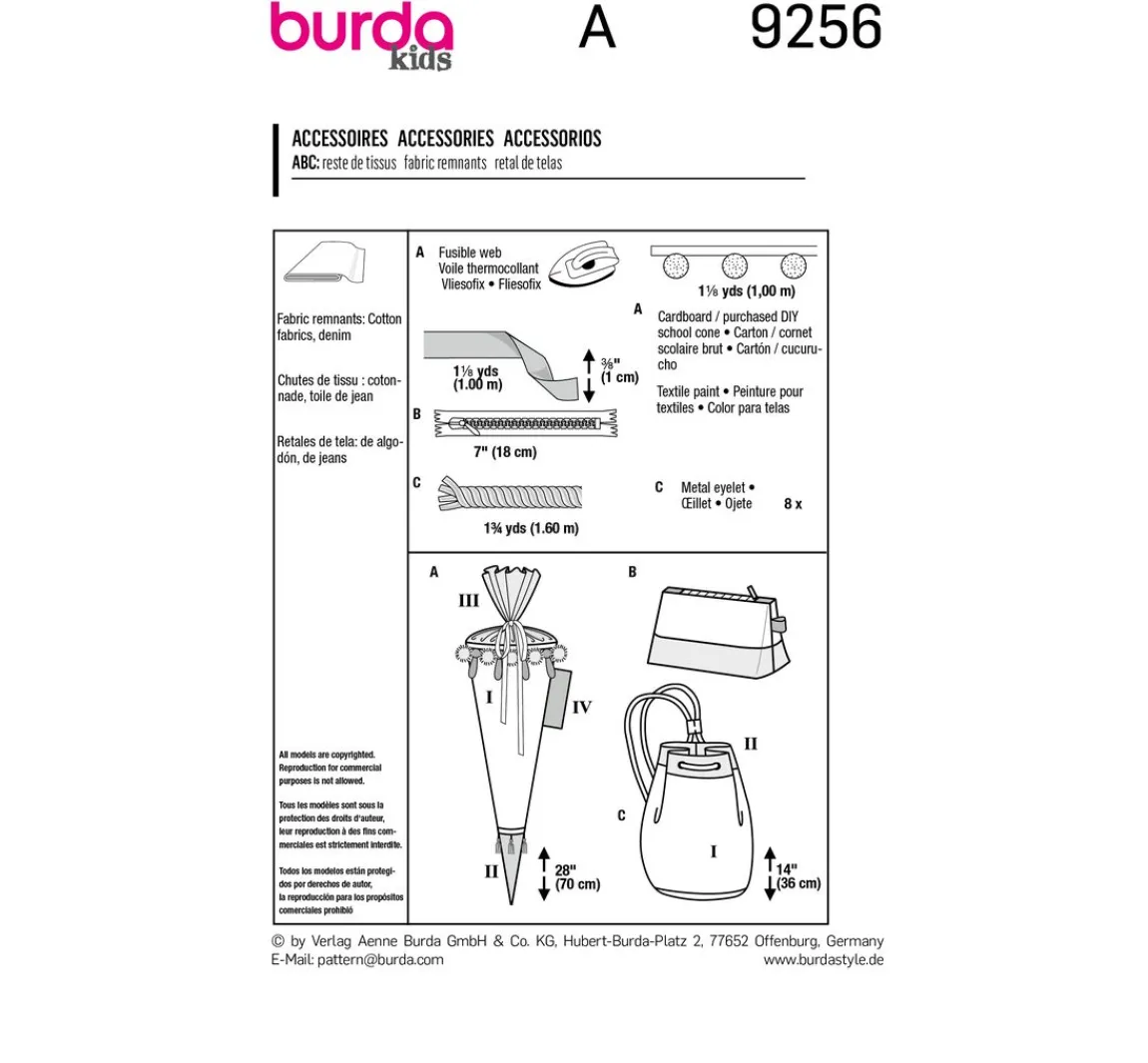 burda style Burda Kids Schnittmuster Schultüte, Mäppchen und Turnbeutel Nr. 9256