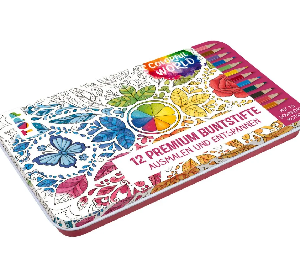 Topp Colorful World Designdose mit 12 Premium-Buntstiften