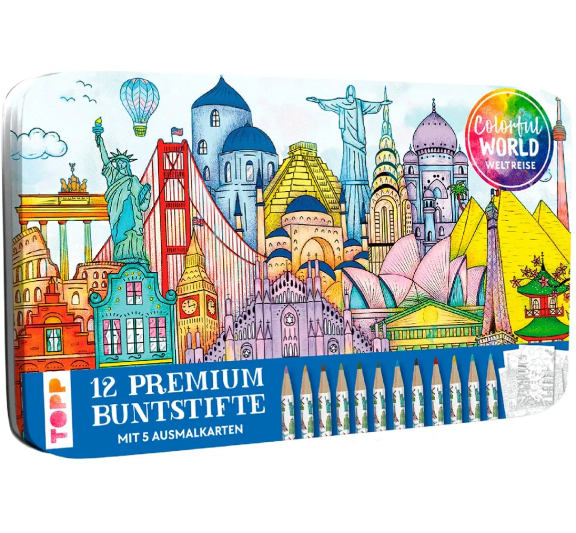 Sale Topp Designdose mit 12 Buntstiften "Colorful World Weltreise"