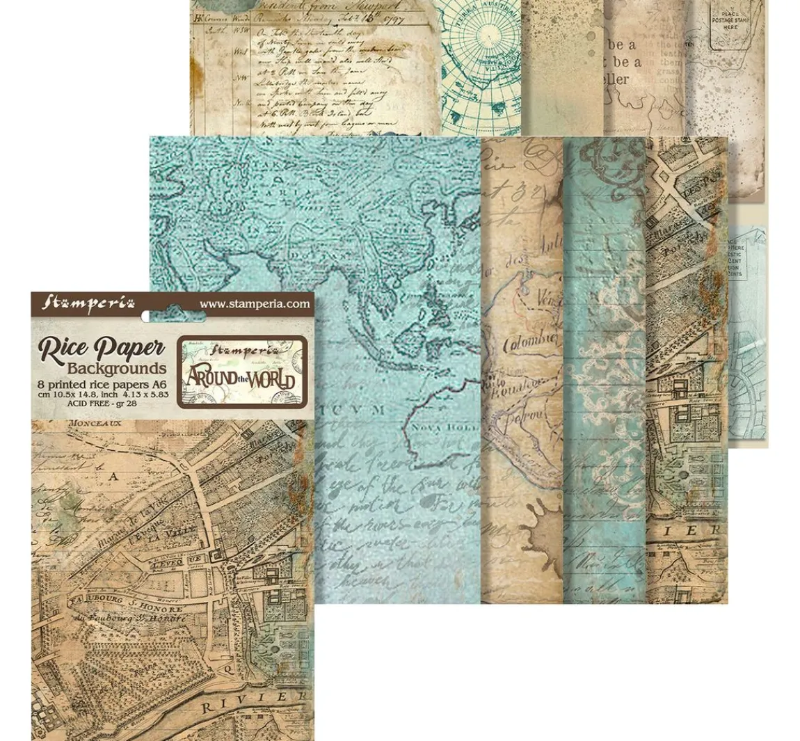 New Stamperia Motiv-Strohseide Backgrounds "Around the World", 8er-Set