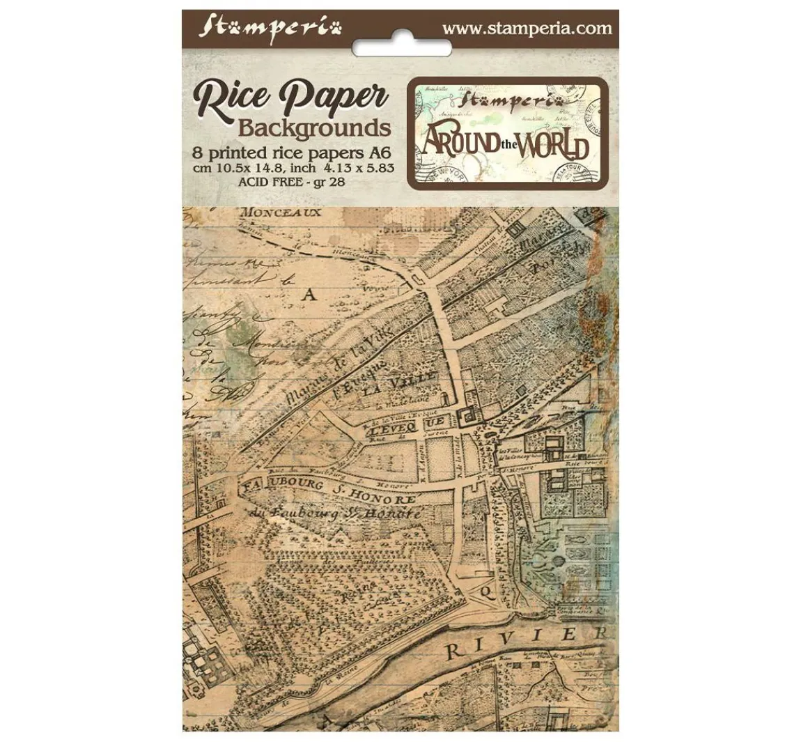 New Stamperia Motiv-Strohseide Backgrounds "Around the World", 8er-Set