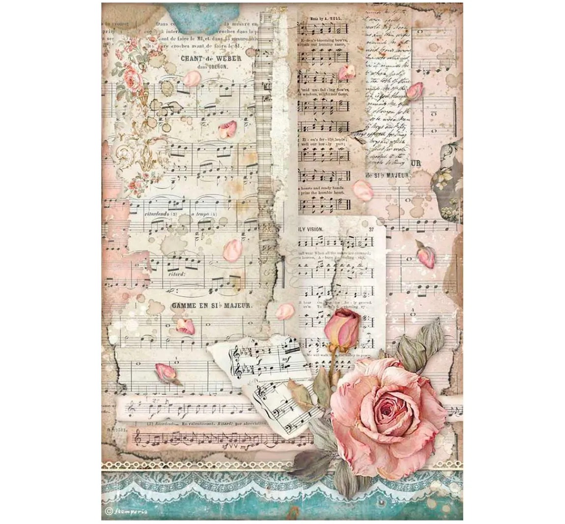 Clearance Stamperia Motiv-Strohseide "Rosen und Musik"