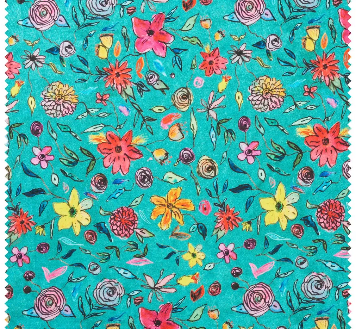 Discount Globaltex Polyester-Stoff "Blumen-Türkis"
