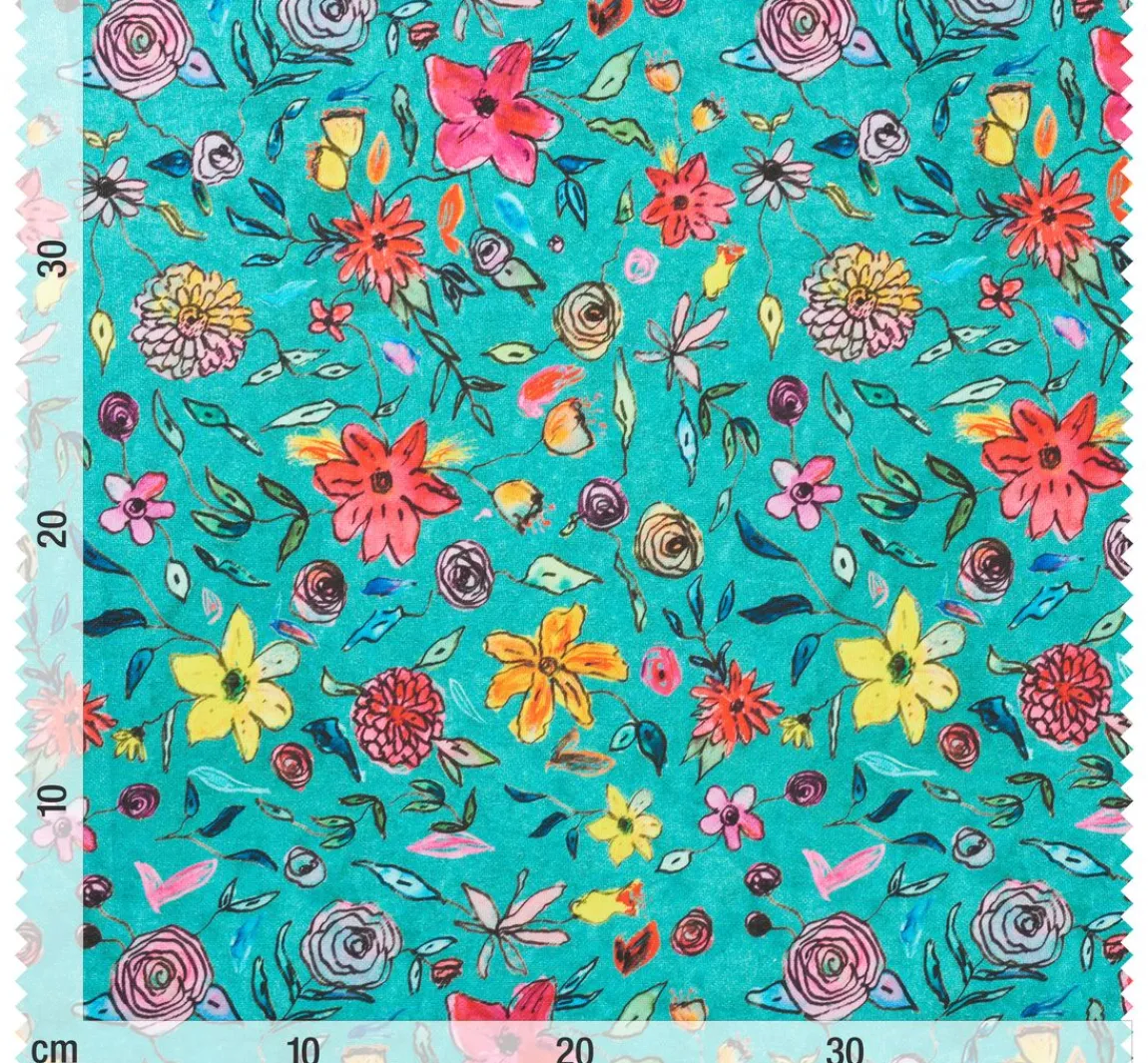 Discount Globaltex Polyester-Stoff "Blumen-Türkis"