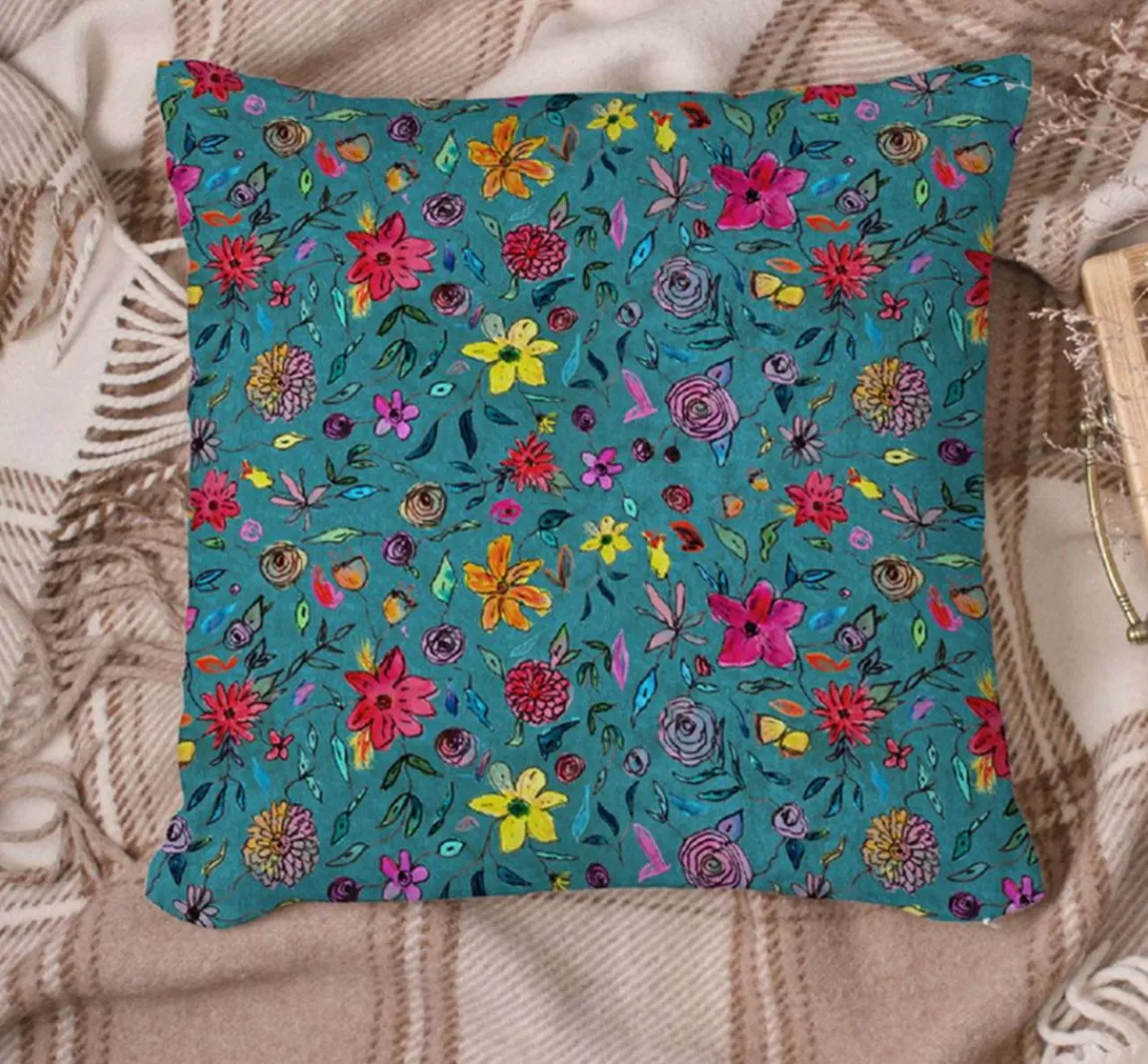 Discount Globaltex Polyester-Stoff "Blumen-Türkis"