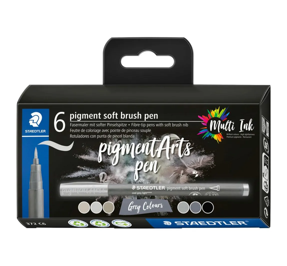 Hot STAEDTLER Pigment soft brush pen "Greys", 6er-Set