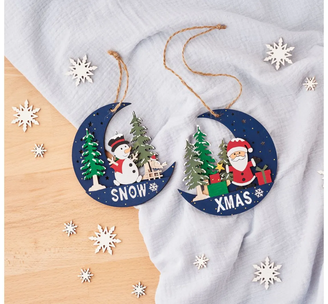 Discount VBS Holz-Anhänger "Halbmond mit Santa und Snowy", 2er Set